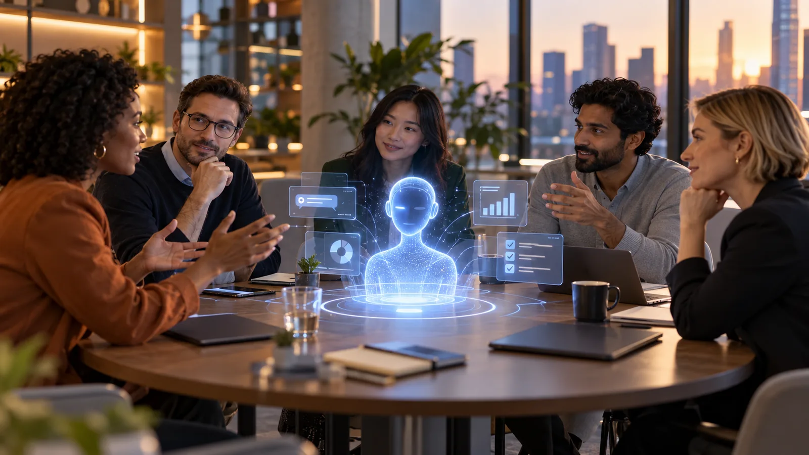 Equipe empresarial conversando ao redor de assistente de IA holográfico com painéis de dados