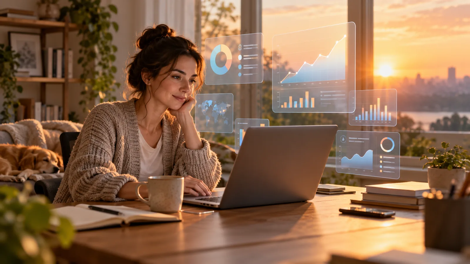 Profissional em home office analisando dashboards e métricas de uma automação com IA ao amanhecer