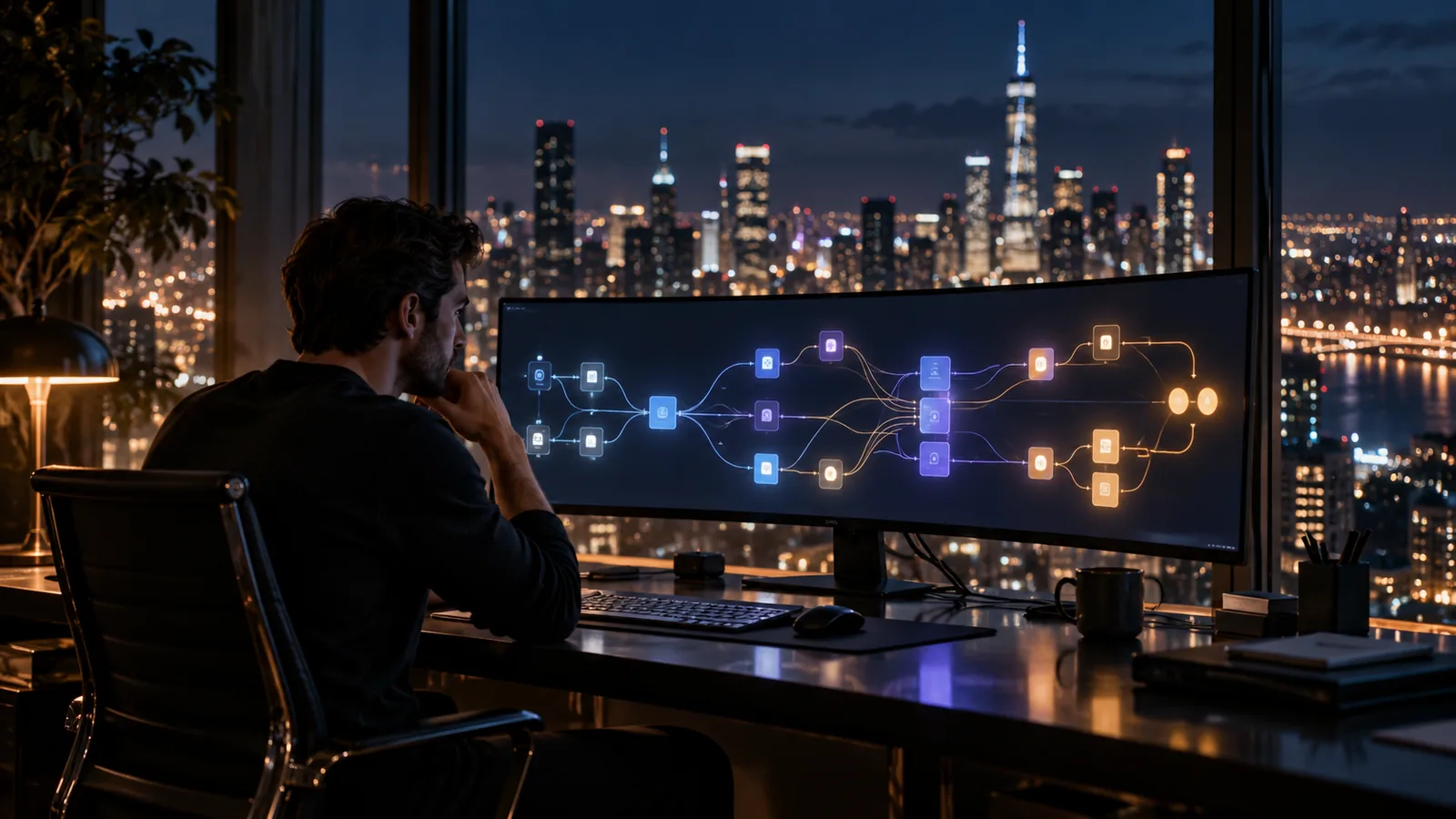 Profissional analisando um workflow de automação com nós conectados em monitor ultrawide