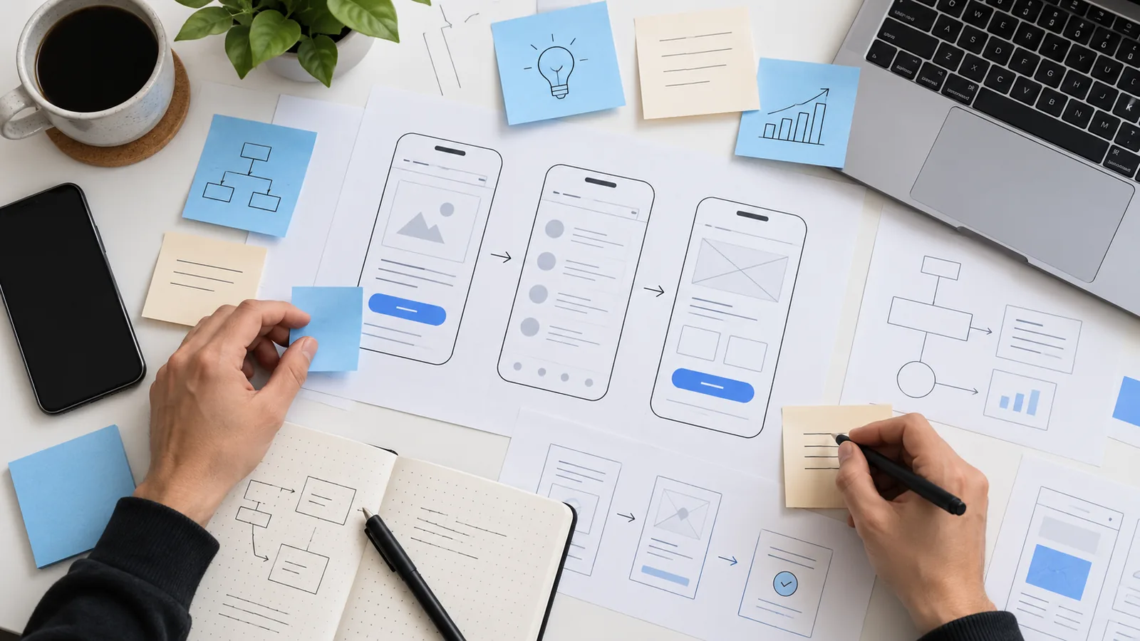 Planejamento de aplicativo no-code com wireframes e fluxo de telas sobre uma mesa