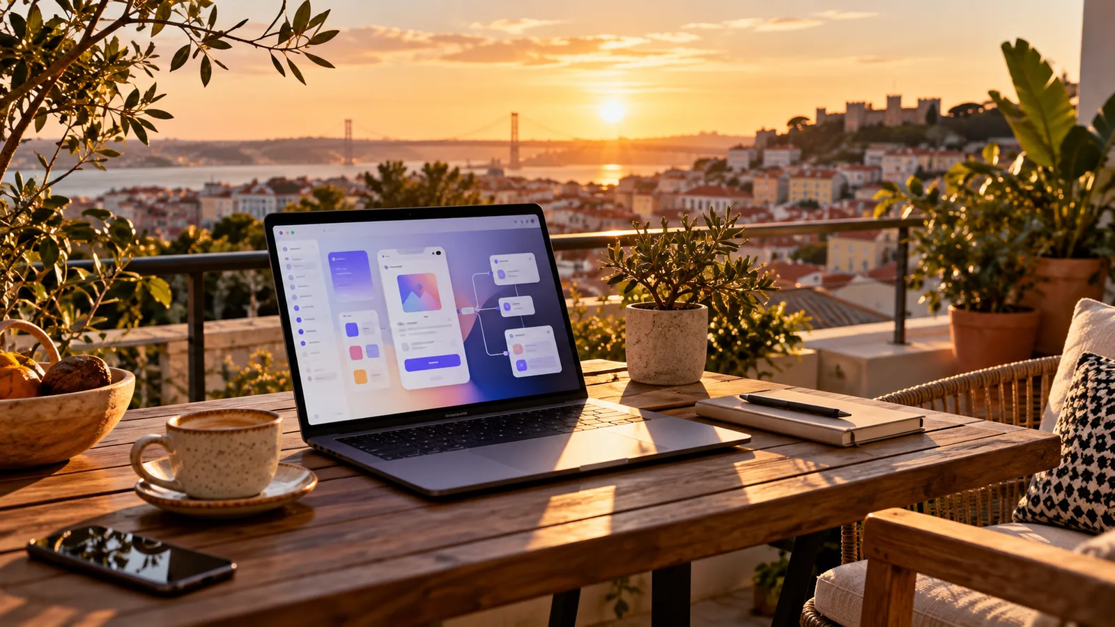 Notebook com construtor visual de aplicativo em varanda iluminada pelo pôr do sol