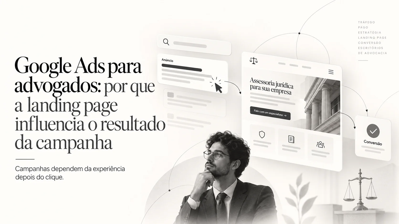 Google Ads para advogados conectado a landing page e conversão de campanha