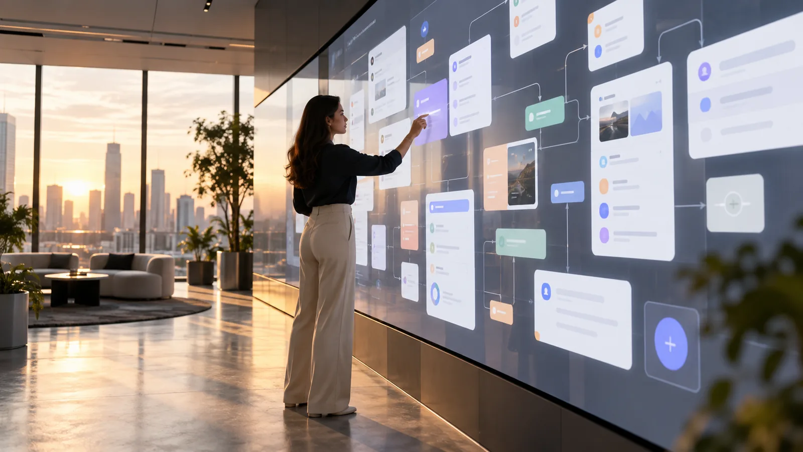 Profissional interagindo com grande painel visual de módulos e fluxos de um aplicativo