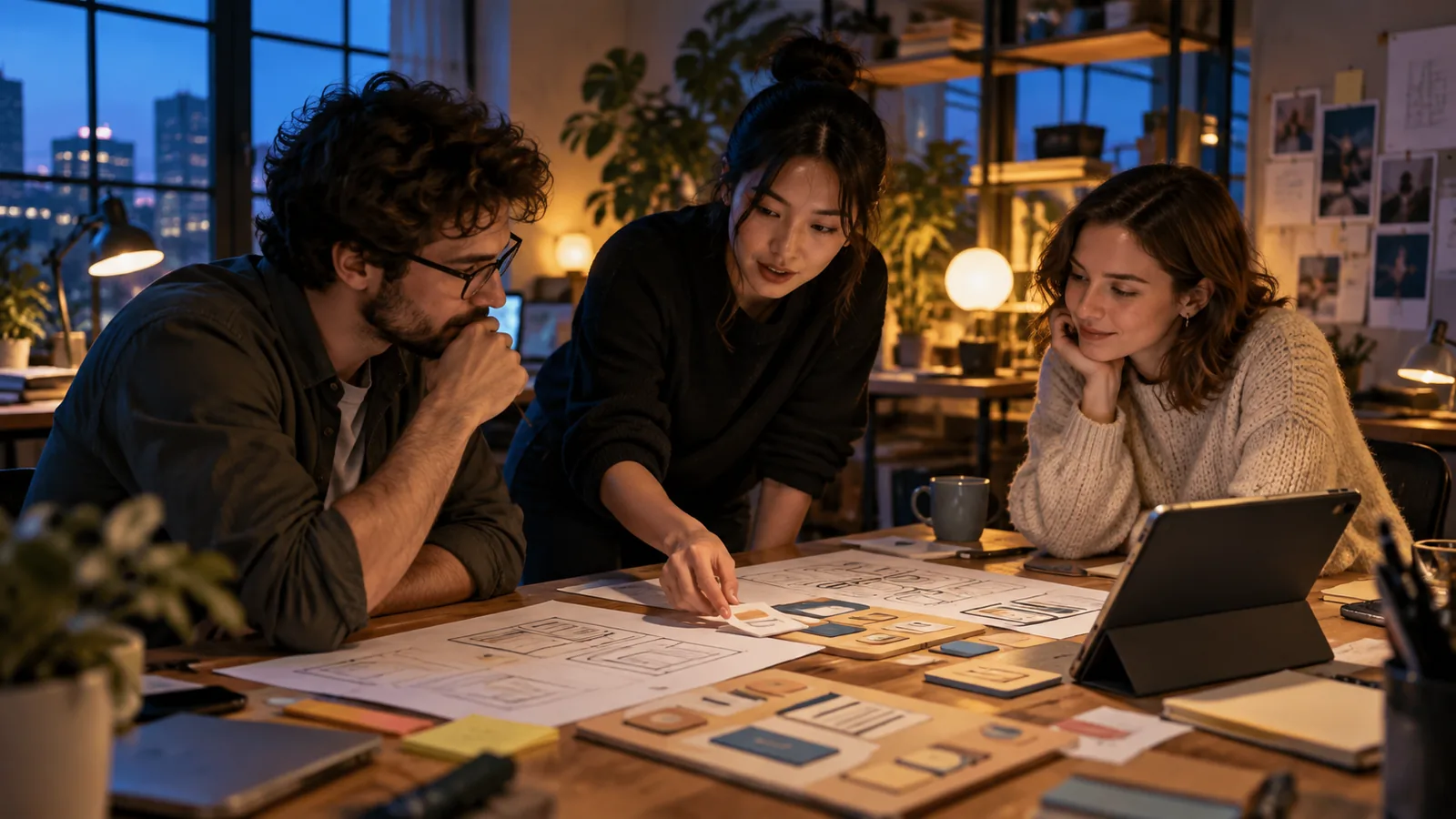 Equipe revisando wireframes, cartões de interface e protótipo de um MVP em uma mesa