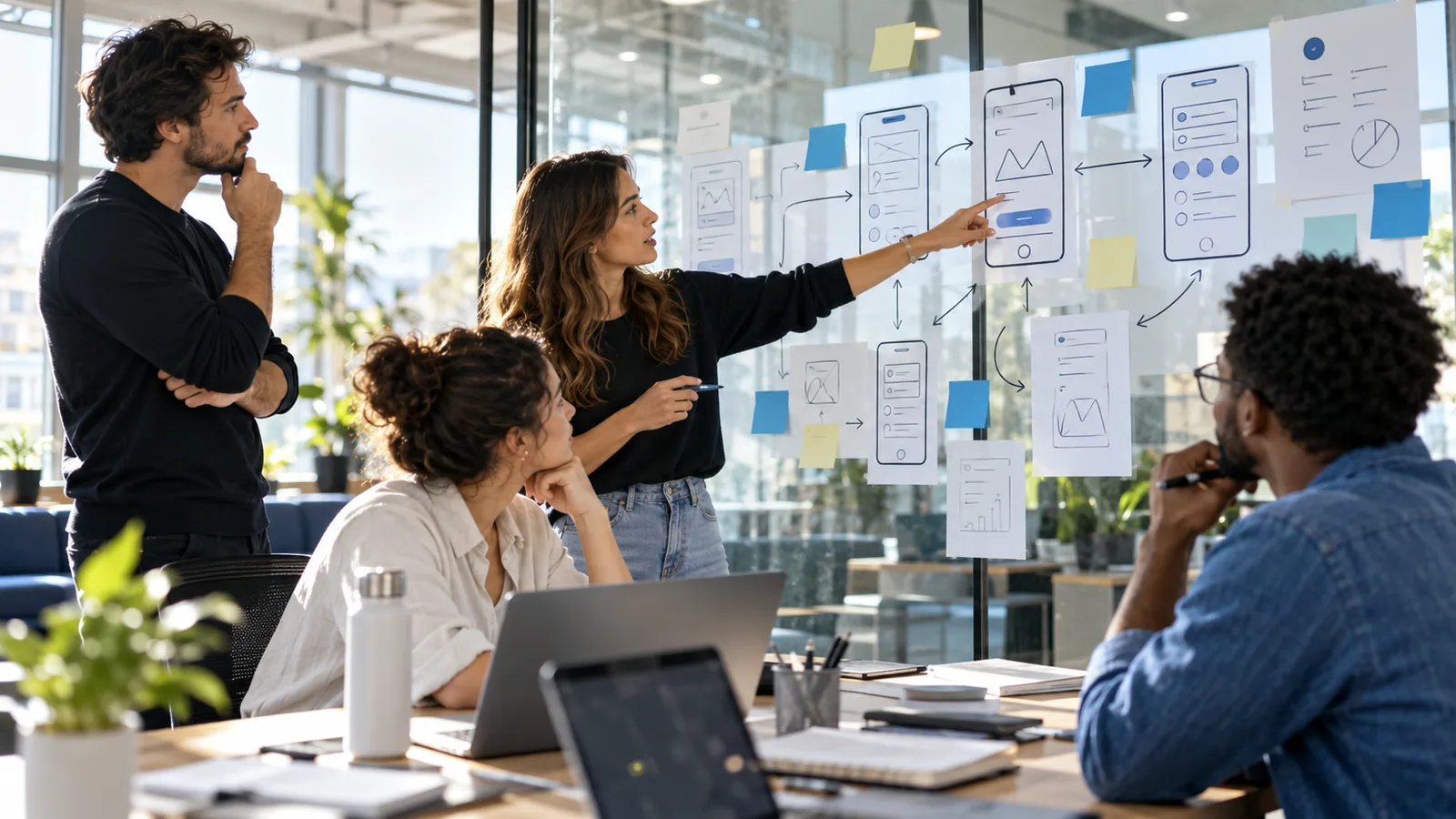 Equipe de produto discutindo fluxos de aplicativo no-code em uma parede de vidro