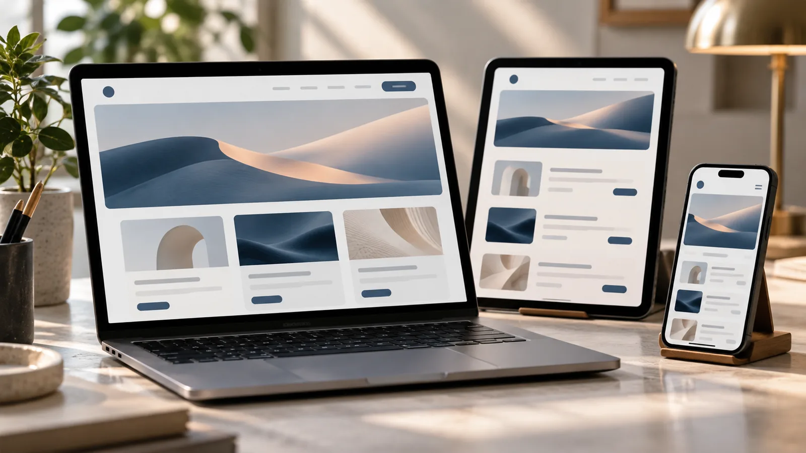 Laptop, tablet e smartphone exibindo interfaces responsivas de um produto digital