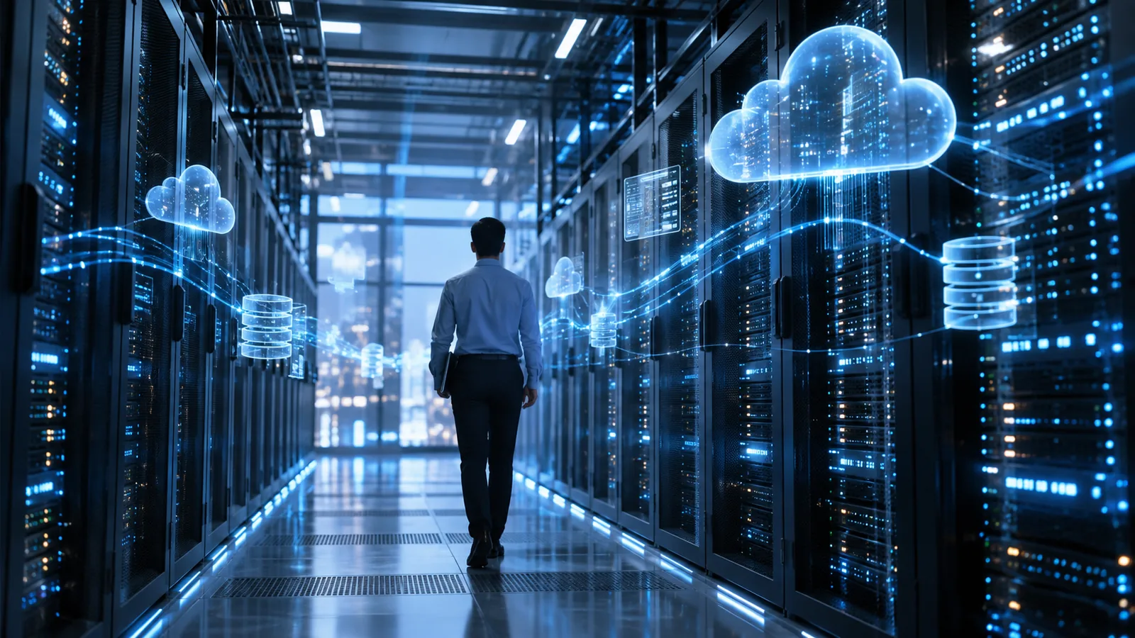 Corredor de data center com nuvens e bancos de dados conectados por fluxos luminosos